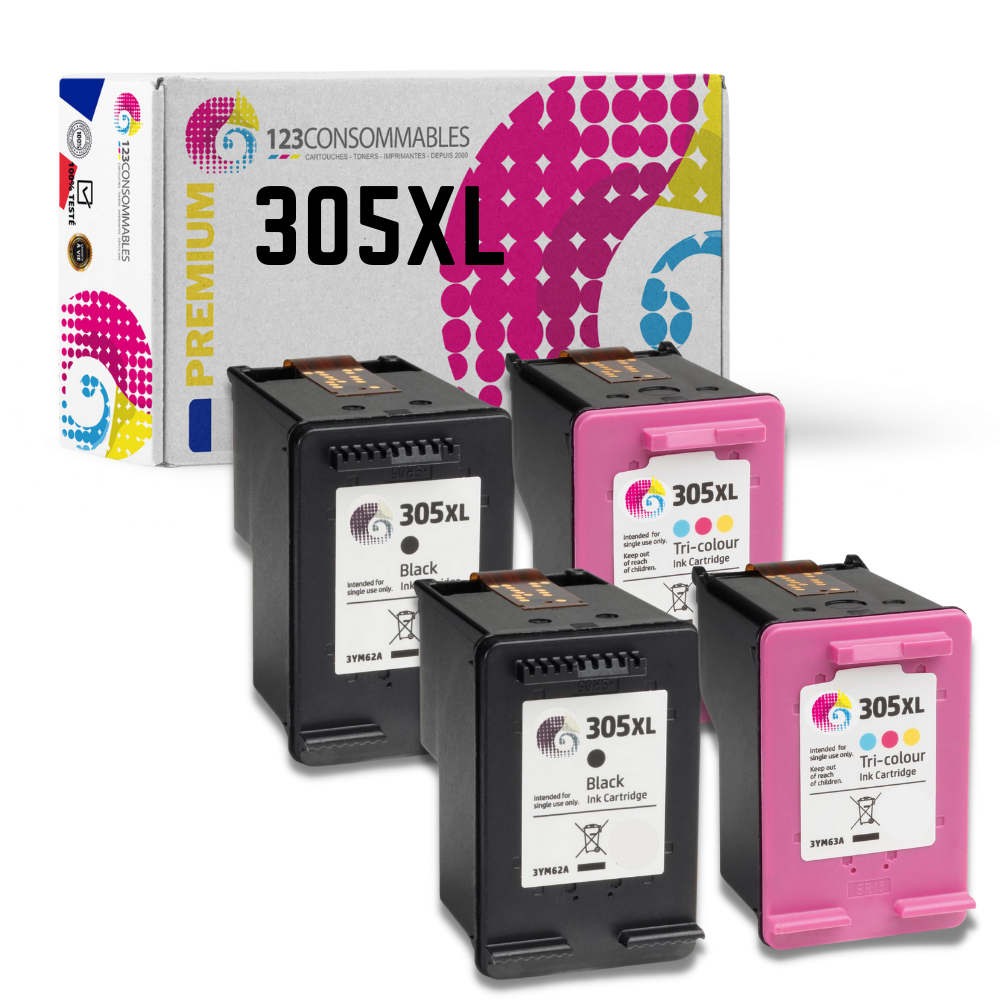 MaxiPack 4 cartouches compatible avec HP 305XL (2 noirs + 2 couleurs)